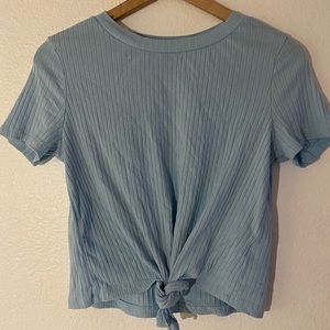sky blue ribbed tie front top